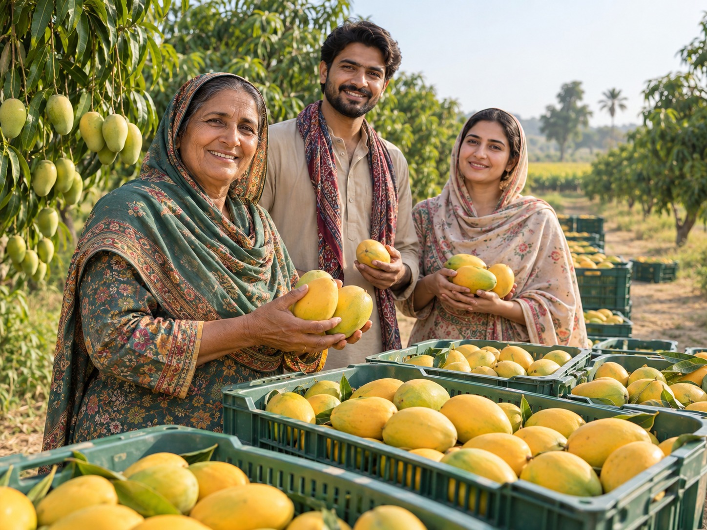 Campaign visualization of a Pakistani smallholder family with a market-ready mango harvest