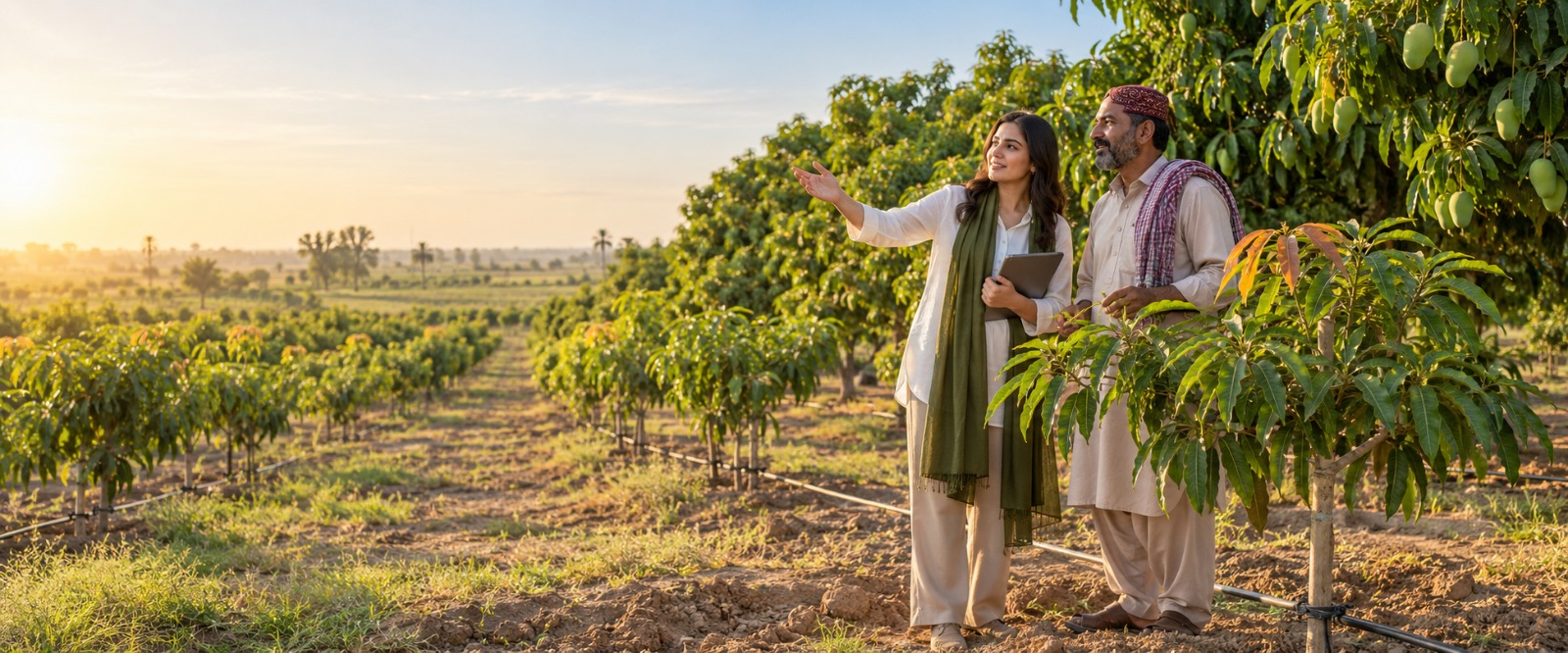 Campaign visualization of a corporate sustainability partner and a mango farmer in a restored Mirpurkhas orchard