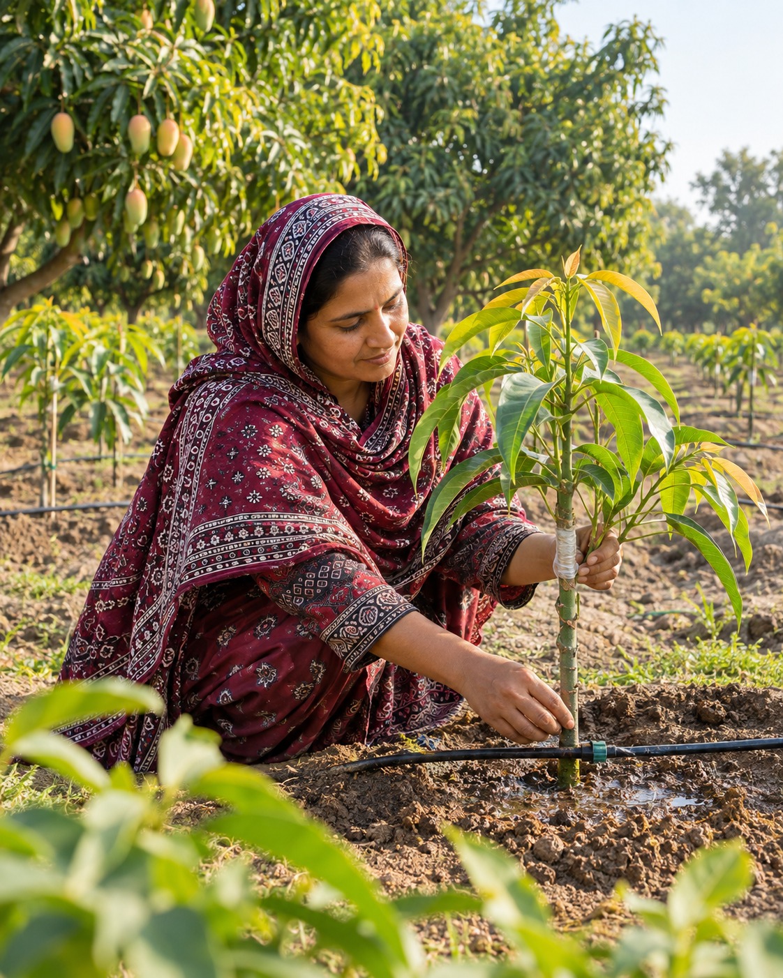 Campaign visualization of a Mirpurkhas woman farmer tending a grafted mango sapling